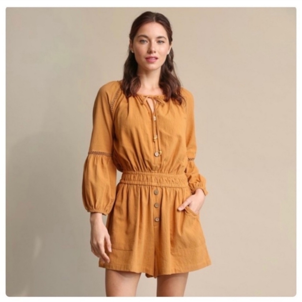 Rust Color Romper Button Detail Drawstring Tie Neckline Balloon Sleeves Pockets